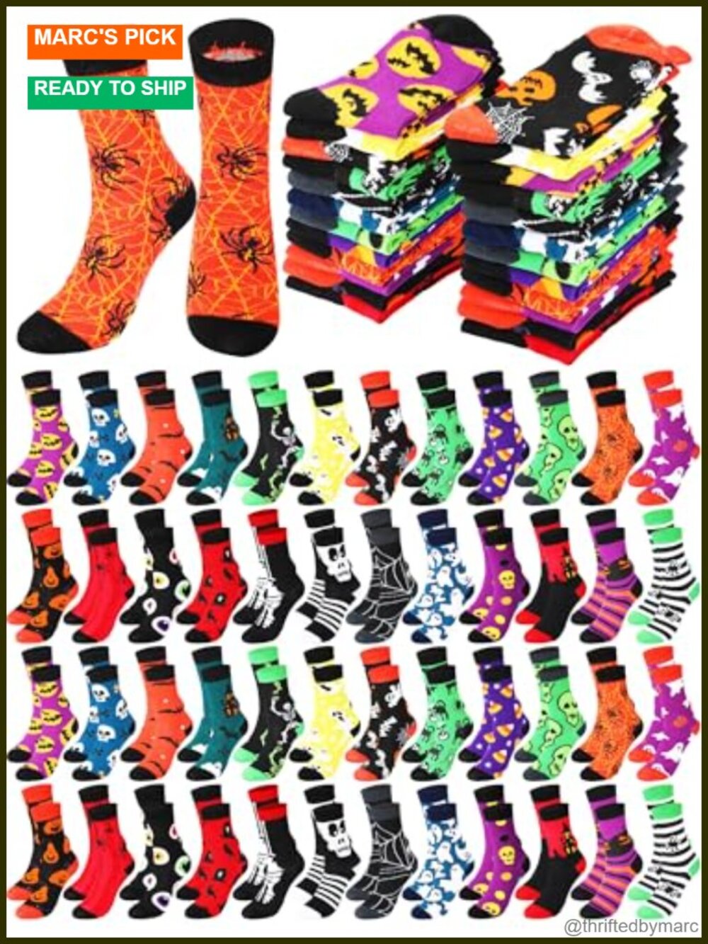 48 Pairs Halloween Novelty Crew Socks Stretchy Skull Bat Pumpkin Unisex Adult